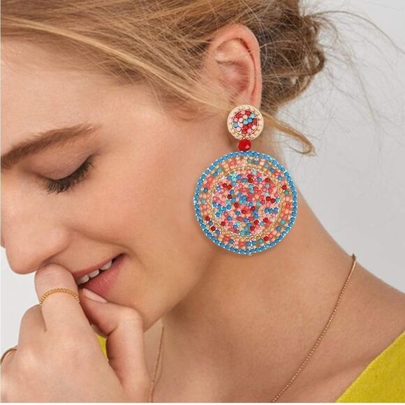 Multicolored Beaded Double Round Disc Boho Drop Statement Post Back Earrings - Picture 7 of 7